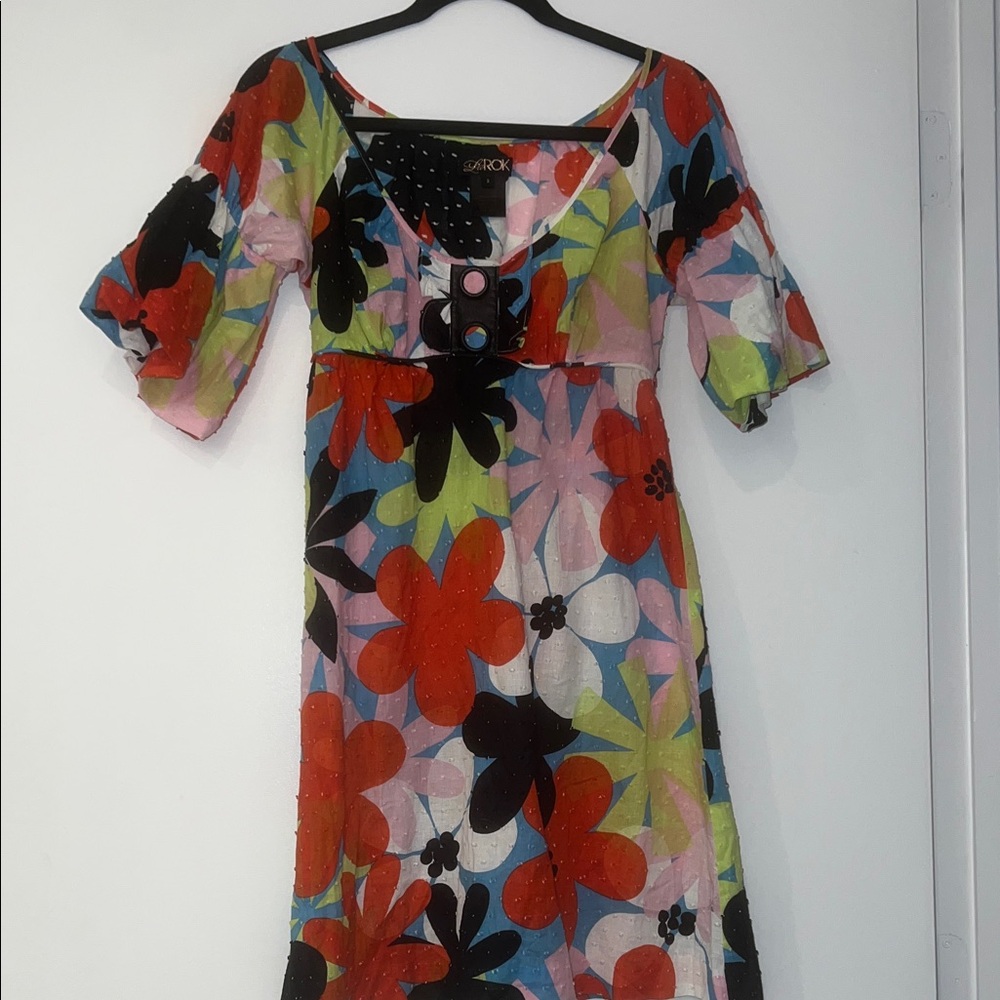 Vintage LaRok Floral Swiss Dot Mini Dress Y2K Boho Hippie Statement Piece